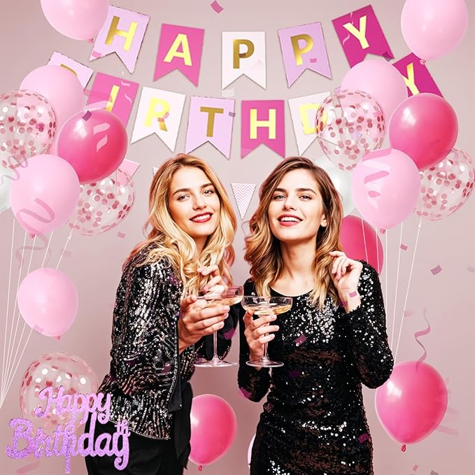 Pink Birthday Decorations, Happy Birthday Party Decorations For Girl Women With Confetti Balloons Hot Pink Pearl White Balloon Fringe Curtain Triangle Flag Banner Cake Topper For Party Supplies