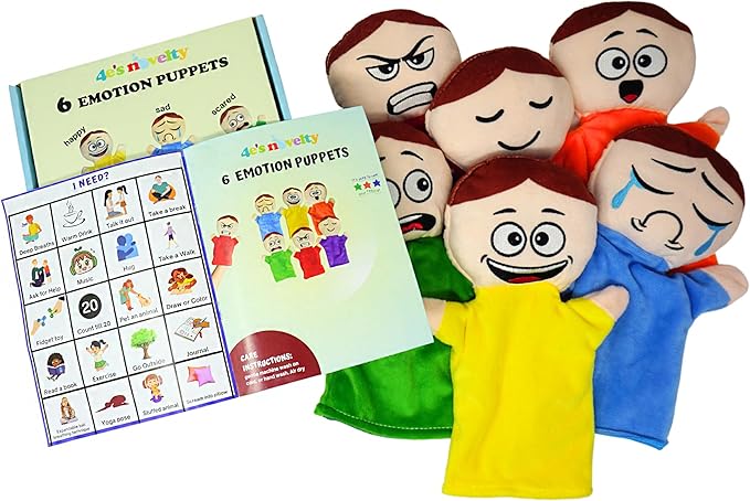 4E's Novelty Feeling Hand Puppets for Kids with 6 Emotions, with Moveable Arms, Soft Plush Hand Puppets for Toddlers, Early Education Toys, Social Emotional Learning Activities - Pack of 6
