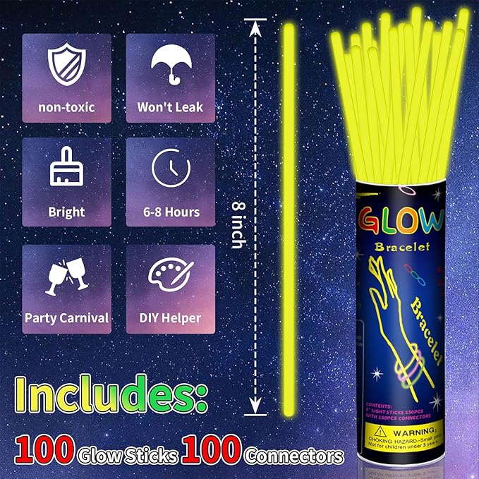 100 Pack 8” Yellow Glow Sticks Bulk with 100 Connectors Neon Glow In The Dark Party favors Supplies for Holiday Birthday Party Decoration (Yellow)