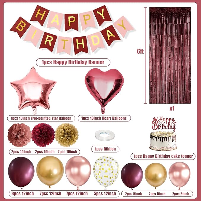 Burgundy Birthday Decorations for Women Girls, Wine Red Rose Gold Balloons Maroon Burgundy Gold Happy Birthdays Balloon Banner Pompoms Curtains for Women Girls Adults Birthday Party Decorations