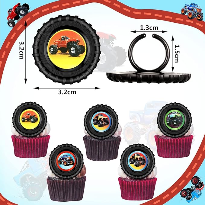 Chuangdi 48 Pieces Truck Cupcake Rings Monster Truck Cupcake Toppers Rings Colorful Car Monster Trucks Birthday Cake Decorations for Race Car Party Supplies 4 Styles