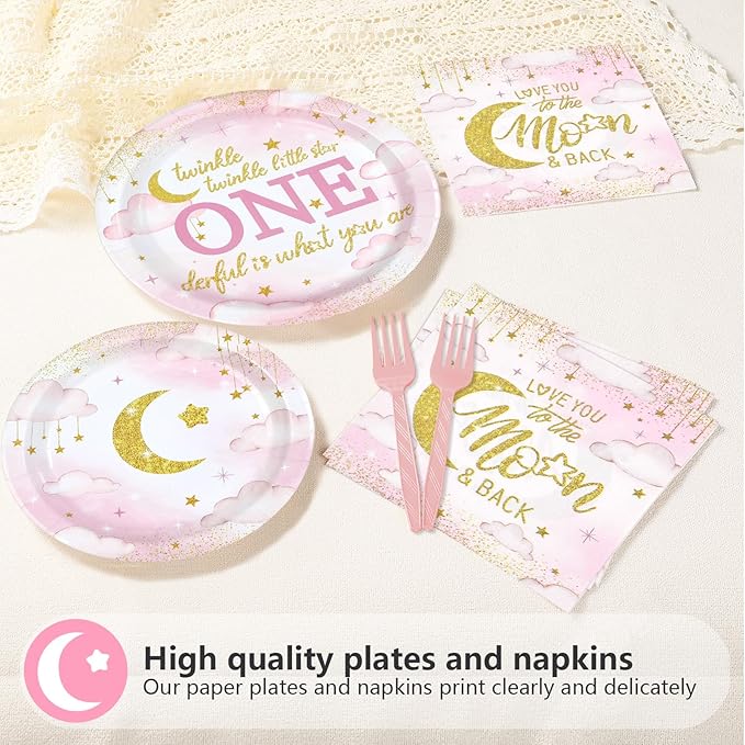 96Pcs Over the Moon Baby Shower Decorations Twinkle Twinkle Little Star 1st Birthday Party Plates Pink Gold Moon Themed Tableware for Girls Baby Shower One Year Old Birthday Supplies
