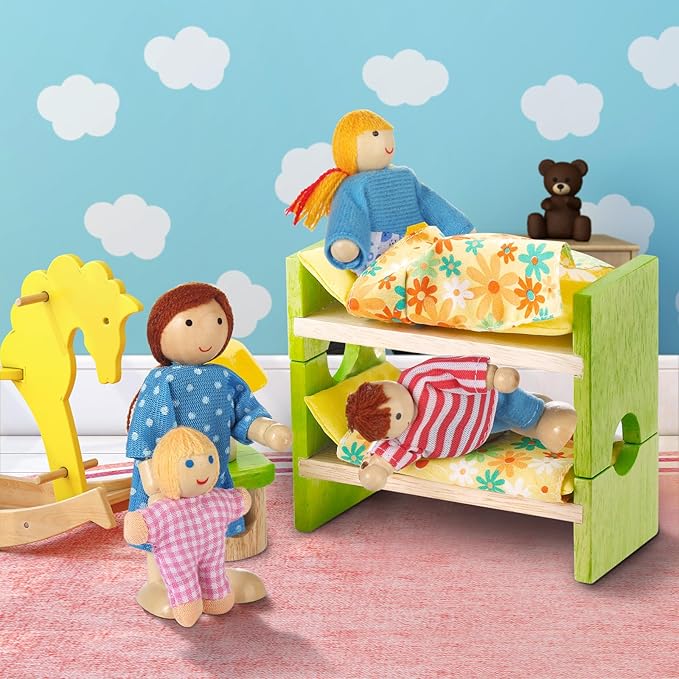 15 Pcs Wooden Dollhouse People with Movable Limbs, Doll House Family Figures for Educational Pretend Play