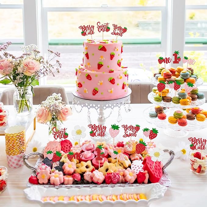 30 PCS Sweet One Strawberry Cupcake Toppers Glitter Sweet Berry 1st Birthday Cupcake Picks Strawberry Birthday Decorations for Baby Shower Kids First Birthday Party Cake Decorations Supplies