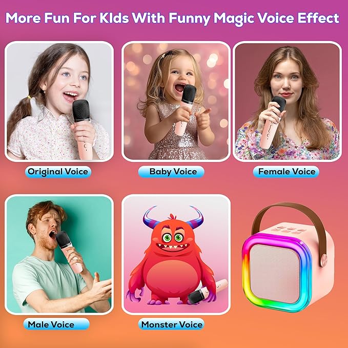 Mini Karaoke Machine KTV Machine for Kids Mini Karaoke Machine with 2 Wireless Microphones,Karaoke Machine for Kids High Sound Quality Kids Karaoke Machine with Easy Connectivity (Pink - 2 Mics)