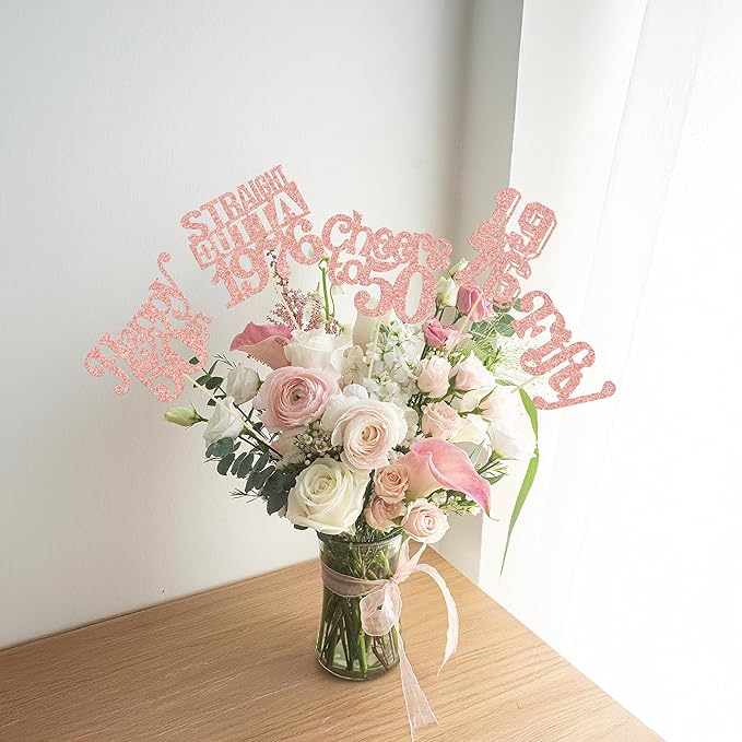 Gyufise 15Pcs Happy 50th Birthday Centerpiece Sticks Fifty Straight Outta 1976 Table Flower Centerpieces Sticks Cheers to 50 Decorations for 50th Birthday Party Supplies Rose Gold