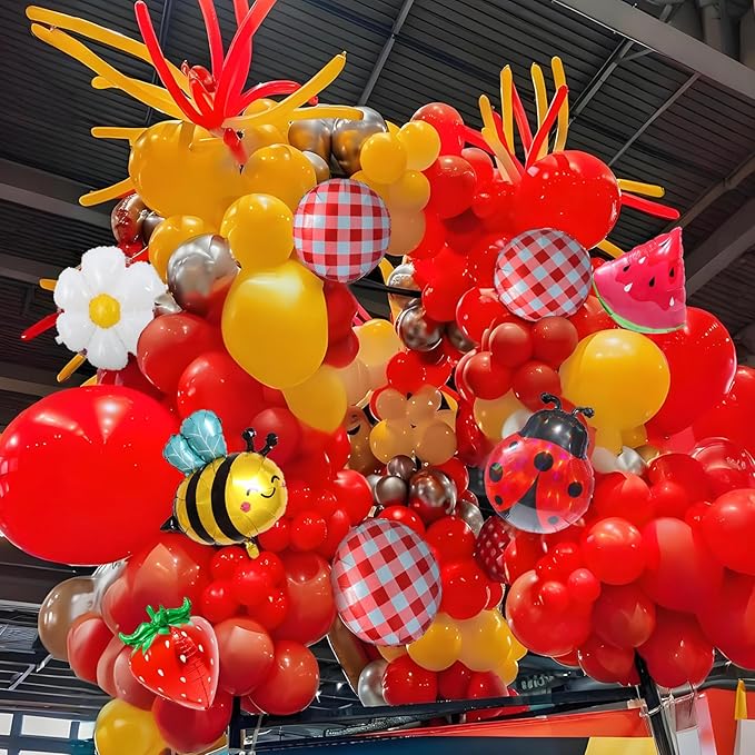 8pcs Picnic Balloons Gingham Balloons Picnic Party Decoration BBQ Themed Party Decorations Gingham Party Birthday Summer Picnic BBQ Party Decor Ladybug Balloon Strawberry Decor