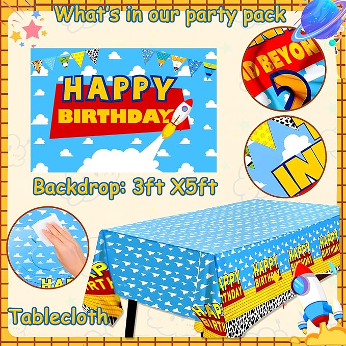 125pcs Toy Theme Birthday Decorations, Balloons Backdrop Banner Tablecloth Cake Topper for Cartoon Story Birthday Party Decorations