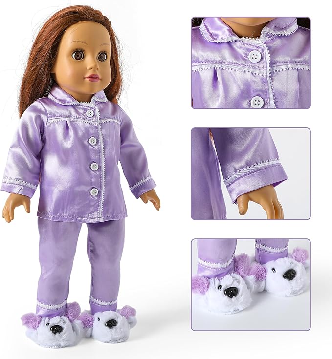 American 18-Inch Doll-Clothes and Accessories Set, 3 PCS Sleepwear for 18 Inch Girl Dolls, Includes 18” Lavender Pajamas and Slippers