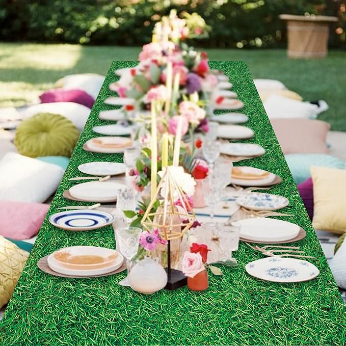 3 Pcs Green Grass Plastic Tablecloths, 51 * 86 Inch Disposable Grass Table Covers, Golf Soccer Party Decorations for Boys, Soccer Golf Sports Theme Birthday Party Supplies