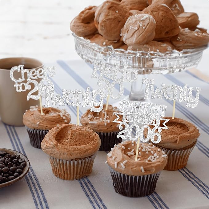 Ephlyn 24Pcs Happy 20th Birthday Cupcake Toppers Glitter Straight Outta 2006 Cupcake Picks Hello 20 Cheers to 20 Years Cake Decorations for 20th Birthday Anniversary Party Decorations Supplies Silver