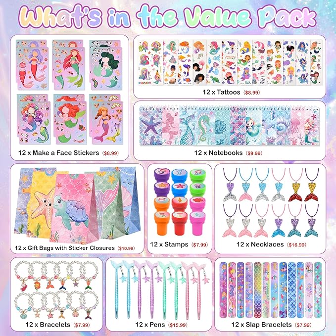 Party Favors for Kids: Mermaid Theme Goodie Bags Stuffers Birthday Party Supplies, Bracelets, Necklaces, Stampers, Notepads, Stickers, Gel Pens, Gift Bags Serves 12 Girls Birthday Party Decorations