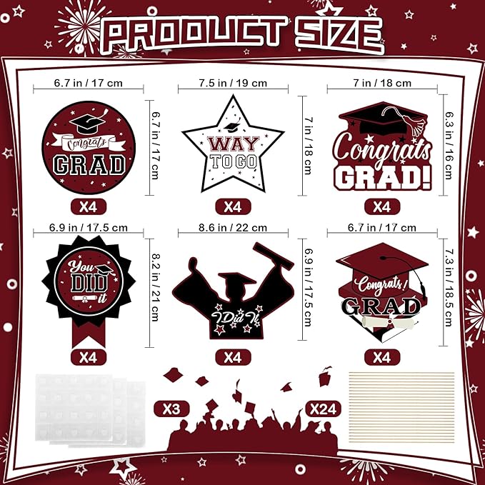 24Pcs Graduation Party Decorations Class of 2026, Graduation Centerpieces for Tables, 2026 Congrats Grad Party Centerpiece Stick Table Toppers for Graduation Party Supplies (Maroon)