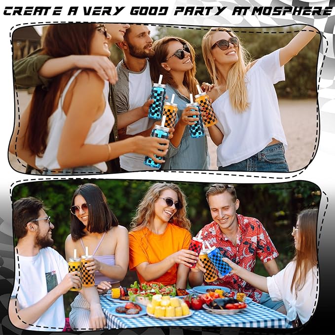 Patelai 12 Pack Race Car Cups 13.5 oz Plastic Tumbler with Lid and Straw Checkered Flag Party Supplies Clear Black Plaid Cups for Race Car Birthday Sports Themed Party Supplies