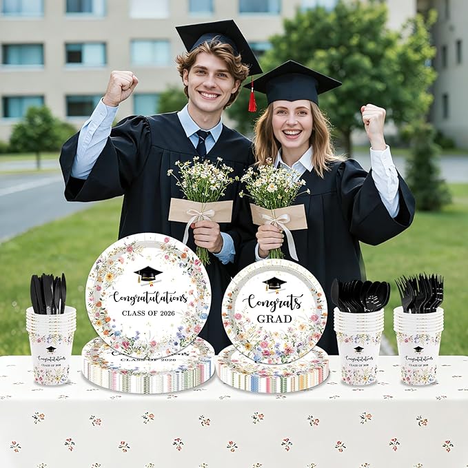 168 Pcs Class of 2026 Plates Cups Napkins Tablecloth Set Wildflower Graduation Party Supplies Floral Class of 2026 Graduation Decorations Serve 24 Guests