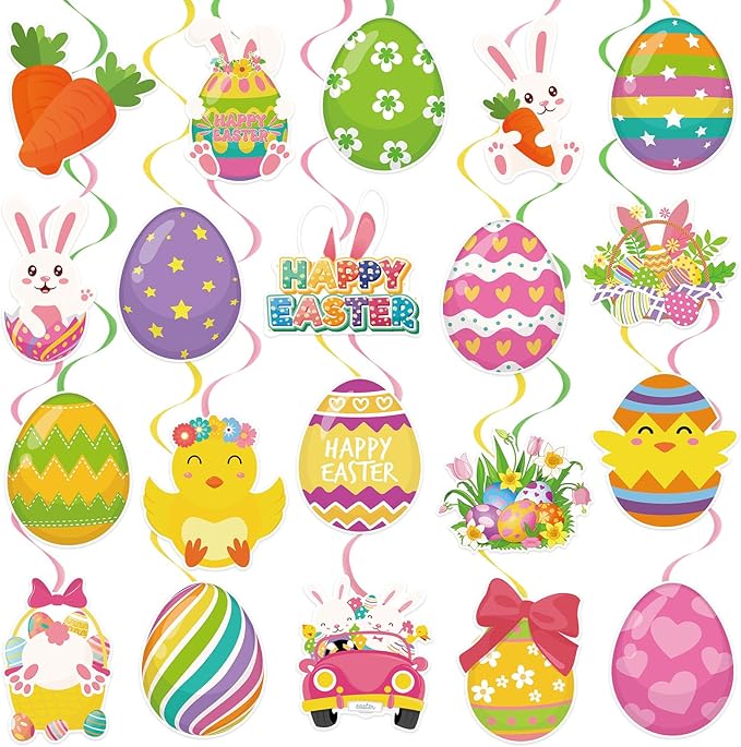 40Pcs Easter Hanging Swirl Decorations, Cute Bunny Eggs Ceiling Hanging Swirls Easter Party Hanging Swirls Streamers for Spring Party Decor Supplies