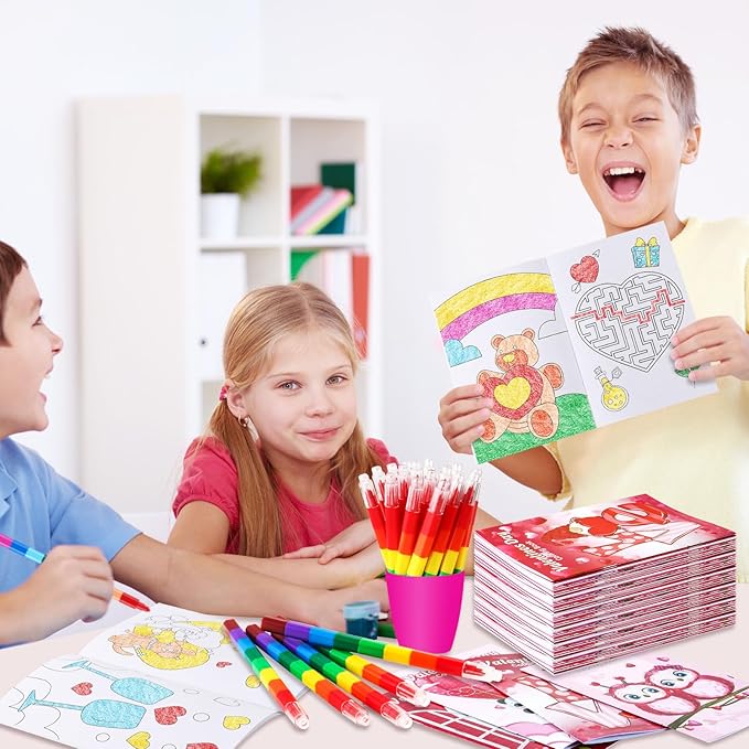 BenLouis 12 Valentines Day Mini Coloring Books Kids with 12 Stacking Crayons Valentine's Day Party Favors Small Activity Books Bulk for Kids Valentine's Classroom Party Gift Goodie Bag Stuffers