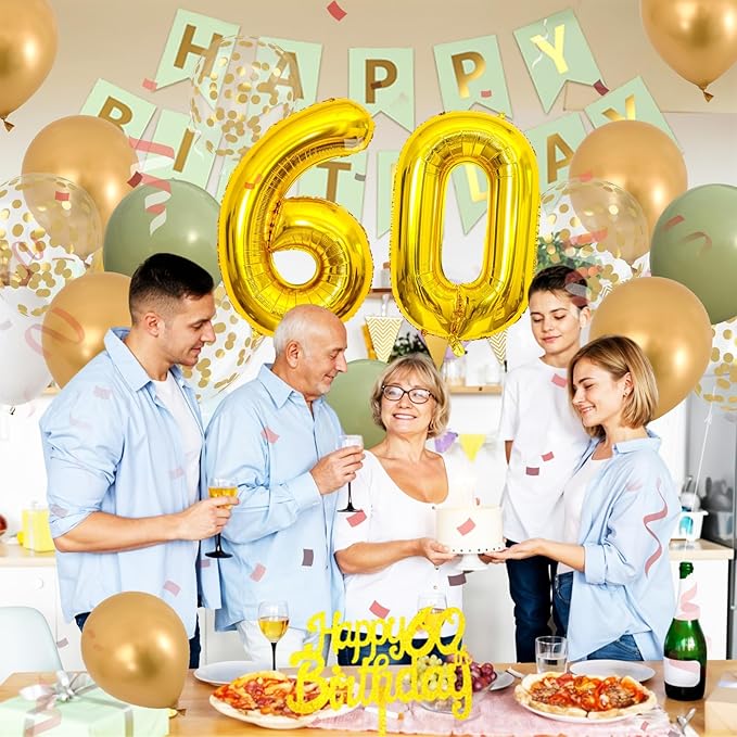 60th Birthday Decorations for Men Women, sage green Happy Birthday Party Decorations With Gold Number 60 Balloons Gold Confetti Latex balloons Fringe Curtain Cake Topper For 60th Party Supplies