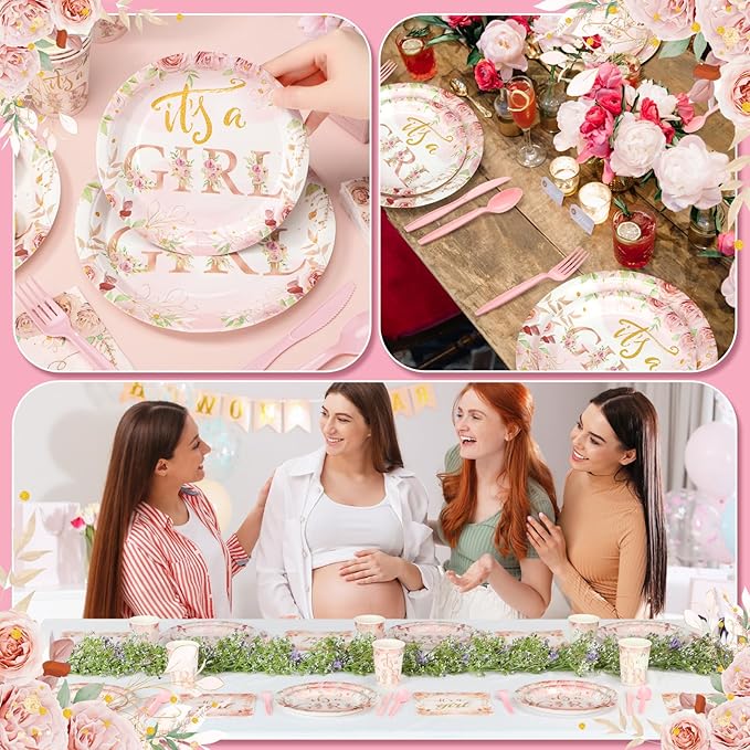Dandat 350 Pcs Baby Shower Plates Set Baby Shower Party Supplies Serves 50 Tableware Sets Include Plates Napkin Cup Forks Knives Spoons Disposable Dinnerware(Floral,Pink)