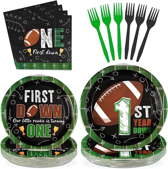 Grencian 96Pcs Football Party Decorations First Down Football Birthday Party Plates Disposable 350GSM Football Paper Tableware Set for Gameday Boys 1st Football Birthday Party, Serves 24