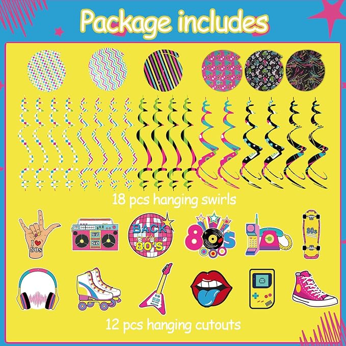 80s Party Birthday Decorations Back to The 80 Hanging Swirls Ceiling Streamers Throwback Retro 80's Theme 1980s Backdrop Party Decor Supplies 30 Pcs