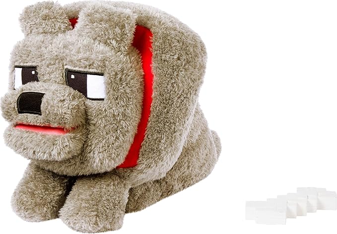 Mattel Minecraft Dennis The Wolf Plush Toy with Feeding Action & Sound, Food Mode Stuffed Animal Inspired by a Minecraft Movie (Amazon Exclusive)