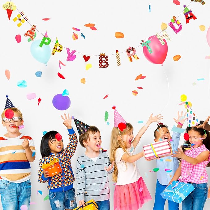 25 Pcs Party Set: 1 Colorful Banner, 3 Glasses, 10 Whistles, 11 Cone Hats for Festive Decor (Classic Style)