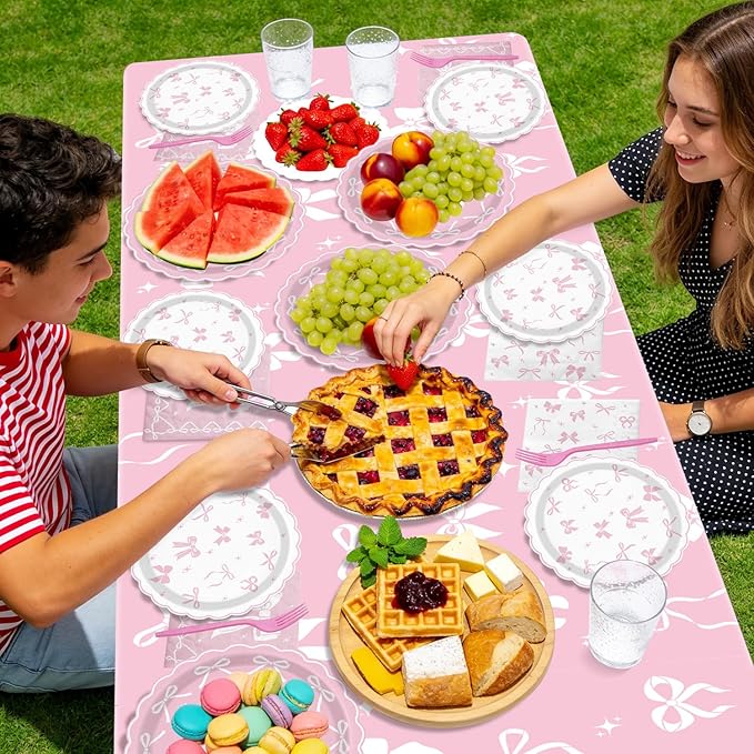 Pink Bow Party Supplies Set for 20 Guests, Including Tablecloths, Forks, Napkins and Plates for Pink Bow Birthday Decorations Coquette Birthday Party Bachelorette