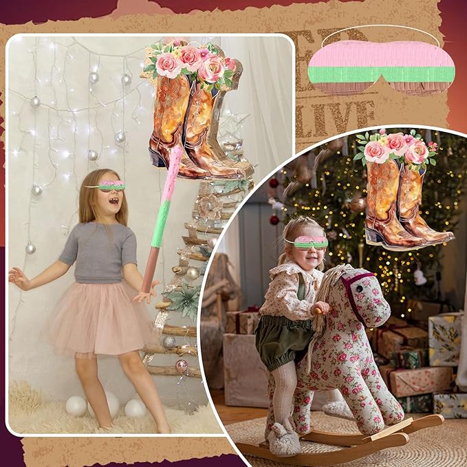 Pajean Cowgirl Boot Piñata Set Cute Western Piñata with Stick Blindfold Photo Prop Gift Holder for Girls Kids Bridal Shower Birthday Baby Shower Horse Racing Party Decoration Supplies