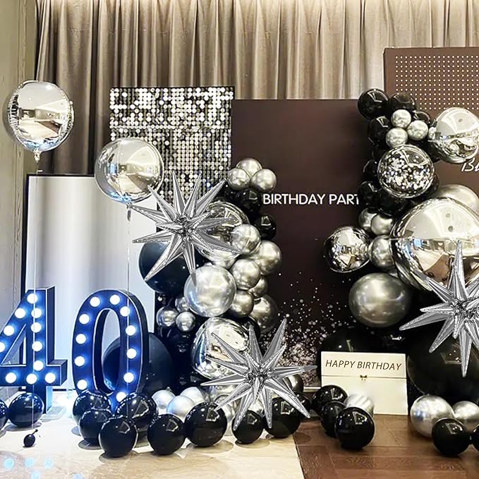 137Pcs Black and Silver Balloons Garland Arch Kit with Stars - 5 10 12 18 inch Black Silver Confetti Latex Party Balloons for 2025 Graduation Retirement Birthday Anniversary