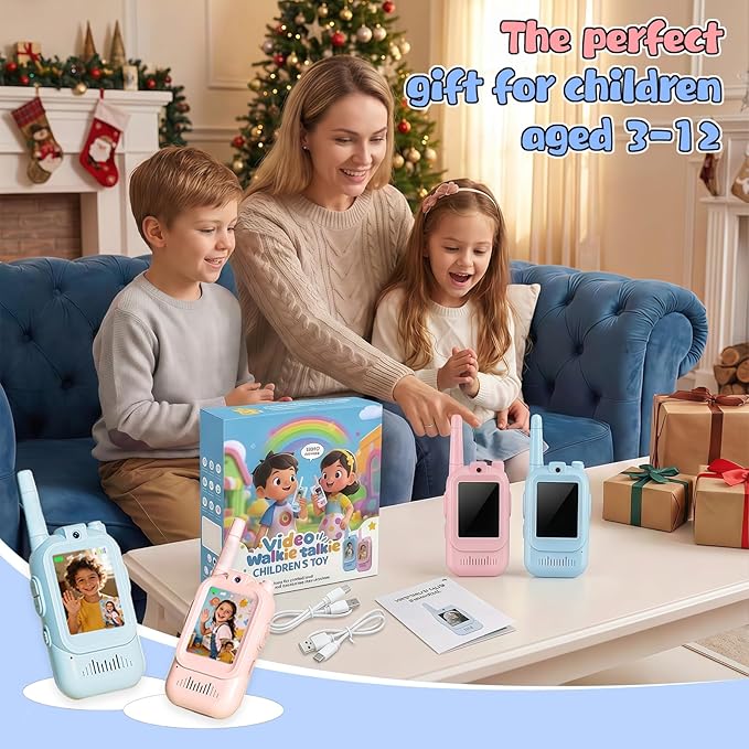 Video Walkie Talkies for Kids,with Long-Distance Transmission and High-Definition Display,Suitable As Gifts for Boys and Girls Aged 3-12,Perfect for Family Games (Pink + Blue)