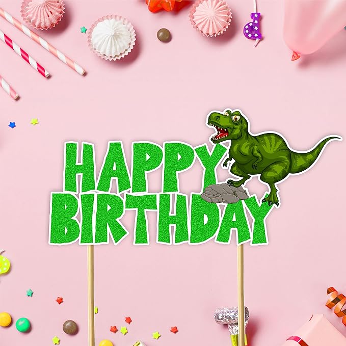 Dinosar Happy Birthday Cake Topper - Prehistoric Dinosaur Theme Design, Colorful Jurassic Style Party Cake Decoration for Birthday Celebration, Dessert Table Display, Photo Prop, Cake Centerpiece.