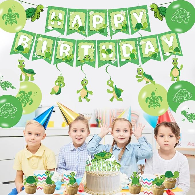 Cute Turtle Party Supplies - Birthday Banner, Hanging Swirls, Green Turtle Baby Cake Toppers, Balloons for Kids Animal Theme Baby Shower, Birthday Party Decors