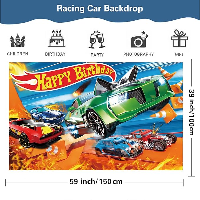 122 Pcs Hot Car Birthday Party Supplies,Included Banner,Backdrop,Tablecloth,Cake Topper,Cupcake Toppers,Balloon,Racing Car Tableware Set for Boy and Girl Wheel Party Decorations