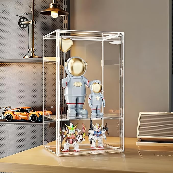 Versatile Wide Acrylic Display Cabinet - w/ 1 Adjustable Shelf for Multi-Level Display of Statues & Figures, Magnetic Door Collector's Showcase (Extra Large with one Block(14.17*14.17*23.6in))