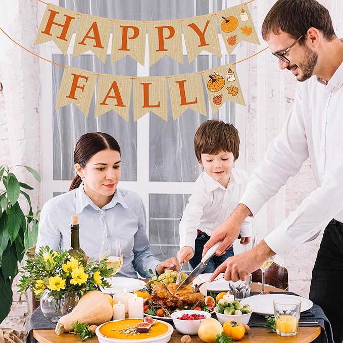 OHOME Fall Decorations for Home - Happy Autumn Pumpkin Banner for Indoor Outdoor | Maple Leaves Garland Backdrop for Outside - Hanging Party Favors Supplies for Birthday | Fall Decor