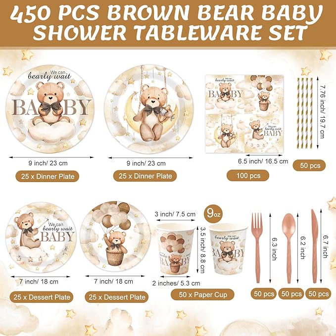 450 Pcs Brown Bear Baby Shower Tableware Set Decorations We Can Bearly Wait Paper Plates Napkins Cups Cutlery Straws for Boho Gender Neutral Reveal Birthday Party Supplies, Serves 50