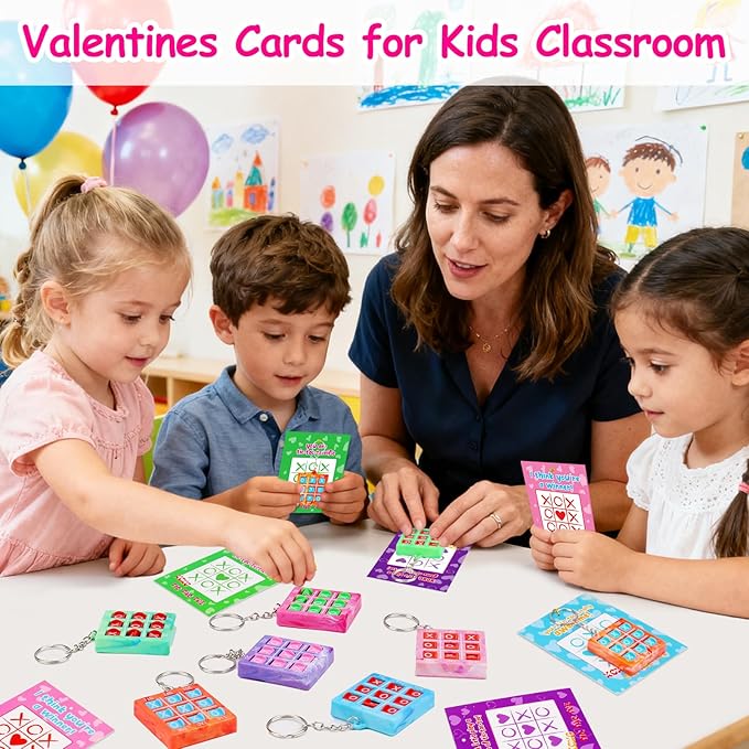 26PCS Tic Tac Toe Game Keychains Valentines Day Gifts for Kids School Classroom Valentine Exchange Cards for Toddlers Boys Girls Class Valentine’s Day Gift Party Favors Treat Goodie Bag Stuffers Bulk