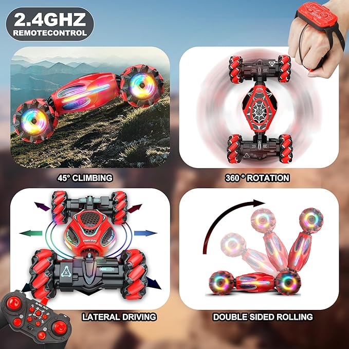 Gesture RC Car,1:18 4WD Transform Off-Road Stunt Car with Gesture & Remote Control, 360° Flips Drift Vehicle with LED Lights Music, All Terrain Toy Cars Gifts for Boys Girls Age 6-12