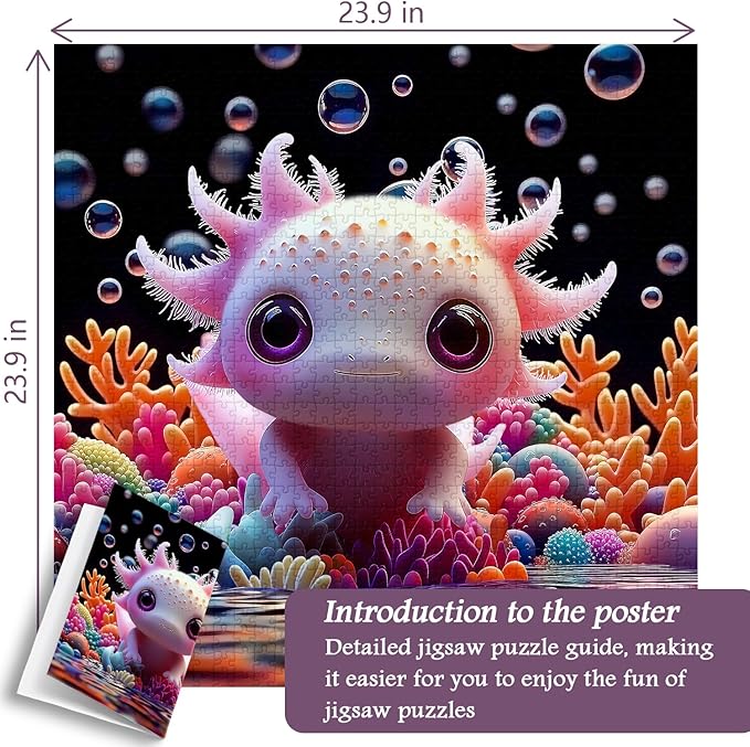 PICKFORU Cute Axolotl 1000 Piece Puzzle for Adults, Colorful Sea Animal Undersea Corals Jigsaw Puzzles, Impossible Hard Unique Art Theme as Home Decor