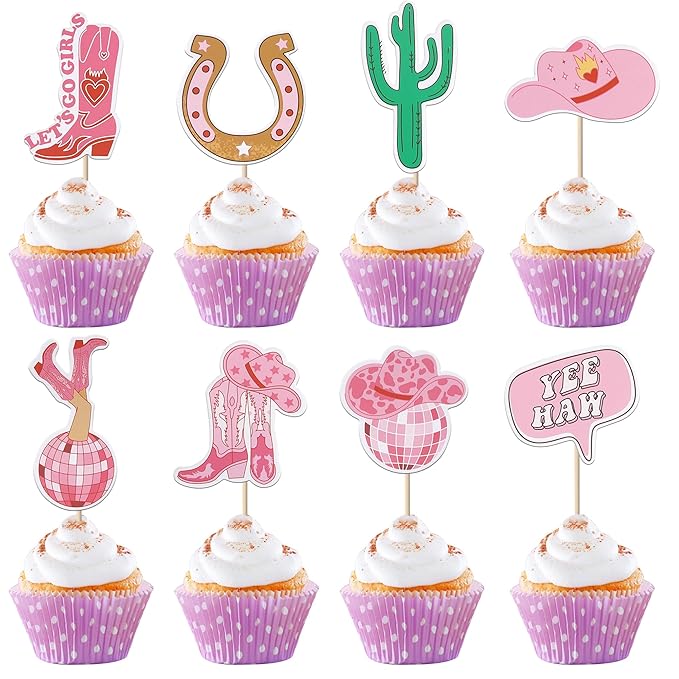 40 PCS Cowgirl Cupcake Toppers Double Sided HorseShoe Cactus Hat and Boot Cupcake Picks Disco Ball Cup Rodeo Cake Decorations for Western Cowgirl Theme Birthday Party Supplies