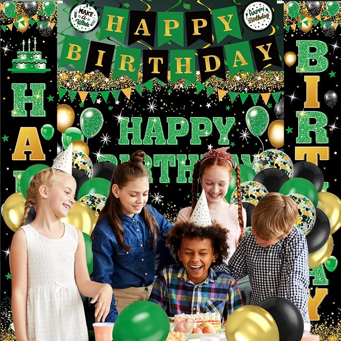 48Pcs Green and Black Birthday Decorations Black Green Gold Happy Birthday Party Supplies Happy Birthday Banner Backdrop Balloons Hanging Swirls for Women Men Boy Girls Birthday St. Patrick Day Party