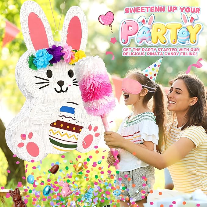 25" Large Easter Decorations Bunny Pinata for Kids Birthday Party - Cute White Rabbit Party Supplies with Matching Stick, Blindfold & Confetti - Sturdy Spring Theme Decor for Easter & Baby Shower