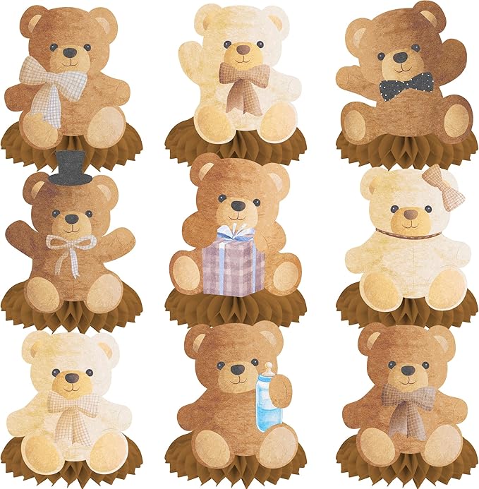 9pcs Teddy Bear Honeycomb Centerpieces Teddy Bear Birthday Decorations Bear Themed Table Decorations for Kids Teddy Bear Themed Birthday Party Gender Reveal Party Supplies