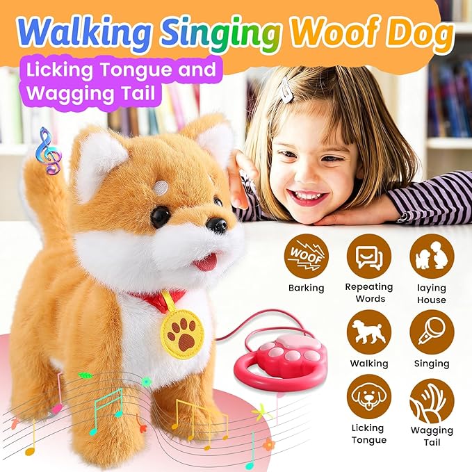 Walking Barking Singing Corgi Puppy Toy, Repeats What You Say, Realistic Licking Tongue Wagging Tail Mechanical Dog with Touch or Voice Control, Interactive Music Dancing Plush Pet for Kids