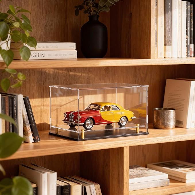 Acrylic Display Case for Collectibles, Dustproof Acrylic Box with Clear Display Elevation & Gold Risers, Large Display Case for Figures Toys Memorabilia, 13" L x 6.7" W x 7.5" H
