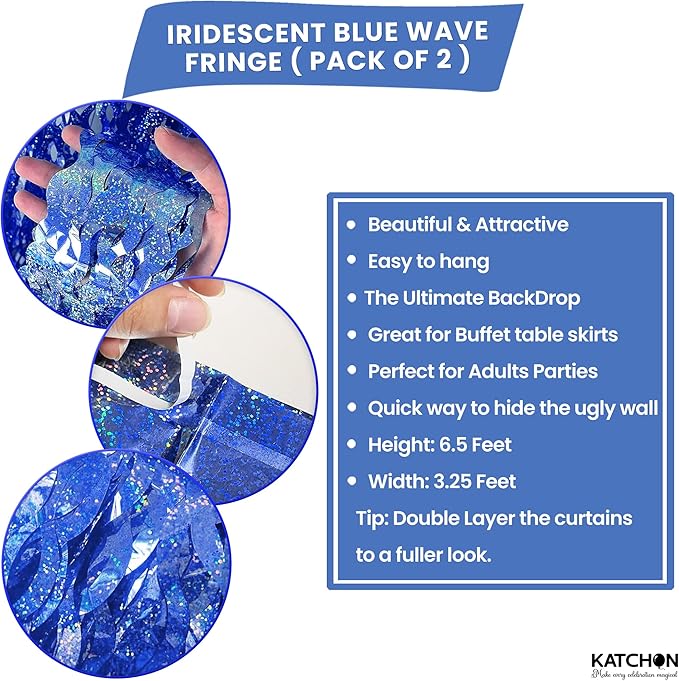 KatchOn, Metallic Wavy Blue Backdrop Curtain - Pack of 2 | Royal Blue Party Decorations | Blue Foil Fringe Streamers for Birthday Decoration | Under The Sea Party Decorations, Ocean Themed Décor