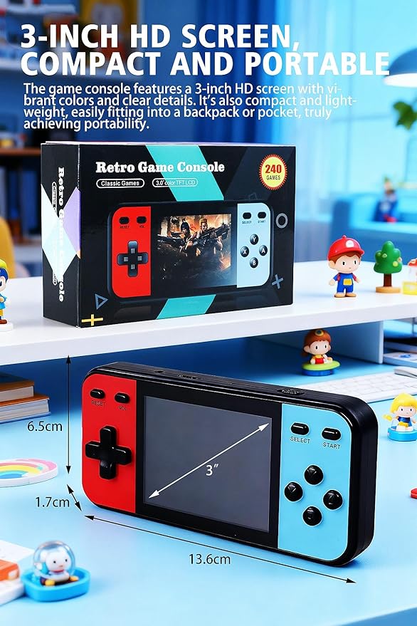 3-inch Screen Kids' Handheld Game Console 240 32-bit Retro Games TV Connectable Electronic Puzzle Games for Indoor/Outdoor/Travel Perfect Birthday/Holiday for Children