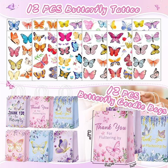 Butterfly Party Favors 122Pcs Butterfly Themed Birthday Supplies Set Fairy Party Favors Decorations Keychains Bracelets Goodie Bags Tattoo Stickers Gifts for Pinata Filler