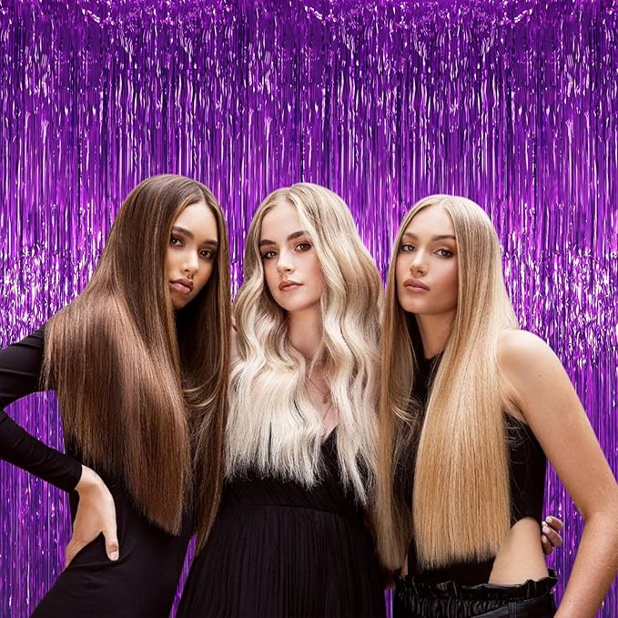 3.3 x 6.6 ft Foil Fringe Backdrop Curtains, Tinsel Streamers Party Decorations, Fringe Backdrop for Birthday, Baby Shower, Gender Reveal, Graduation (3, Purple)